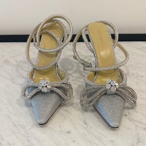MACH & MACH Glittering Silver Heels with Crystal Bow